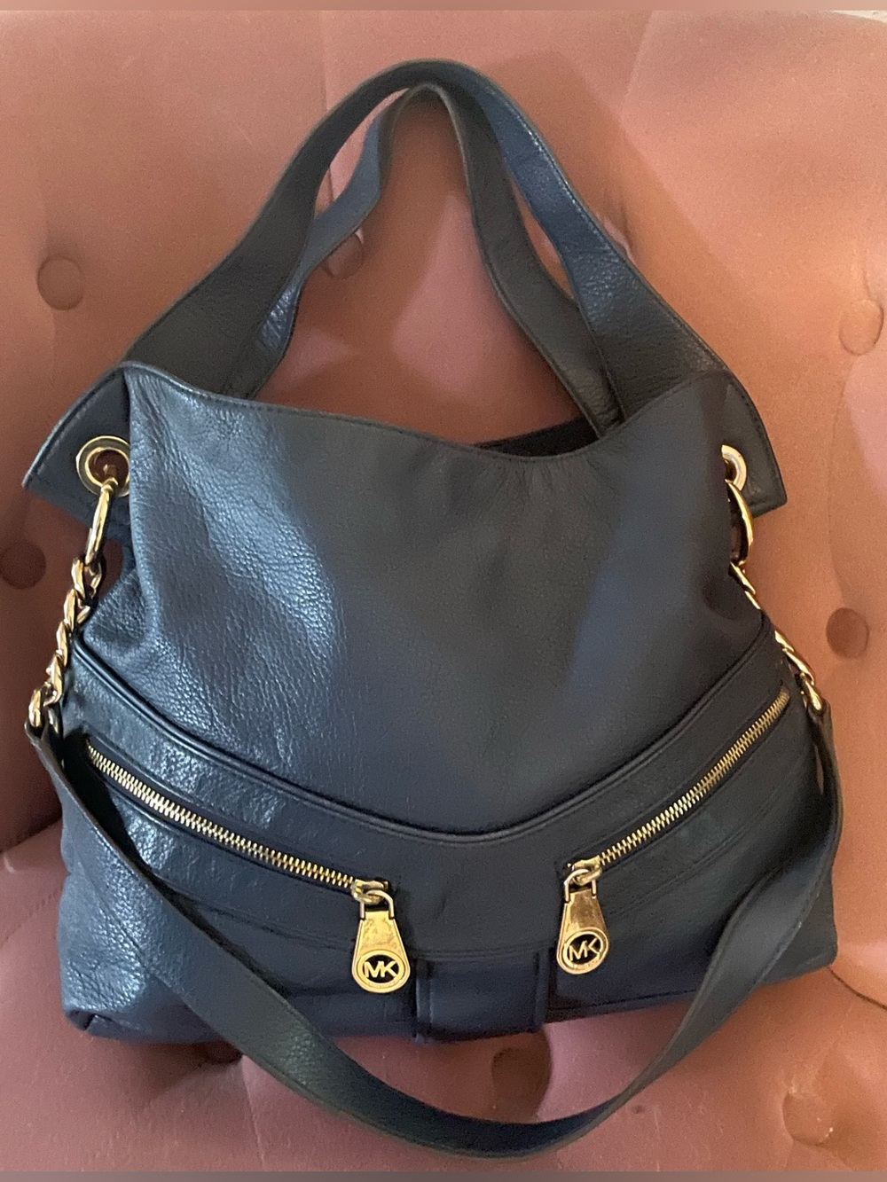 Michael Kors Blue Pebbled Leather Shoulder Hobo with Gold Hardware like new